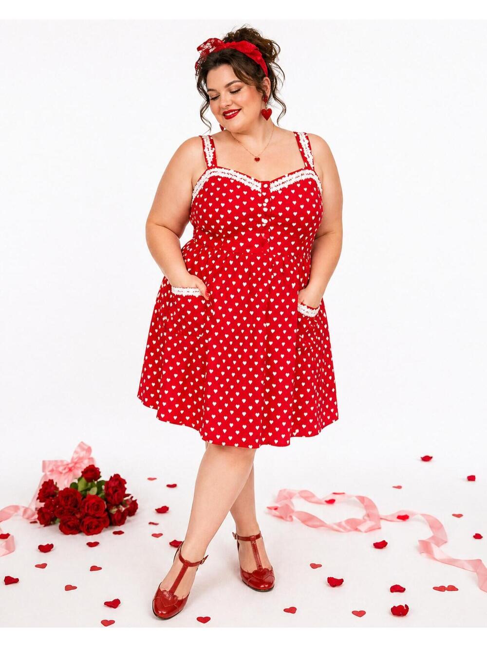 Lindy Bop Rare Red Heart Print Babydoll Dress Lace Trim Size 20 Cottagecore